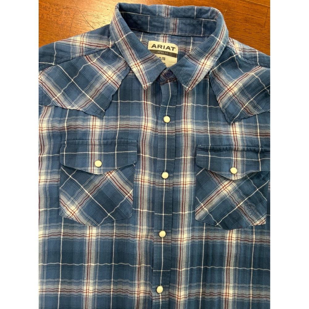 Ariat Retro Fit Western Shirt Mens XL Blue Plaid Pearl Snap Short Sleeve Cotton